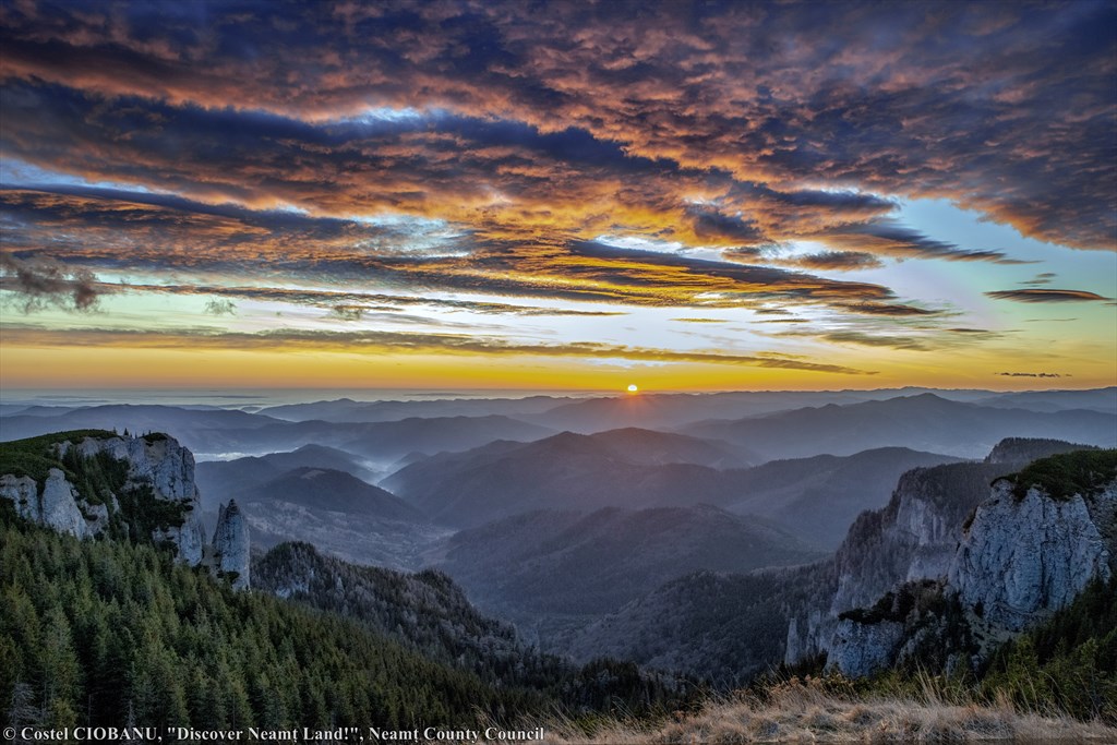 Sunset And Sunrise On Top Of Ceahlau Massif